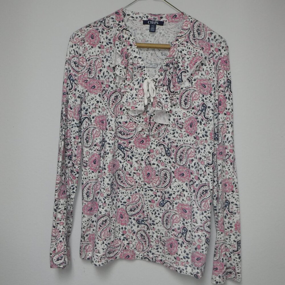 Chaps Ladies Cream/Blue/Pink Pasley V Neck with Ruffle Blouse